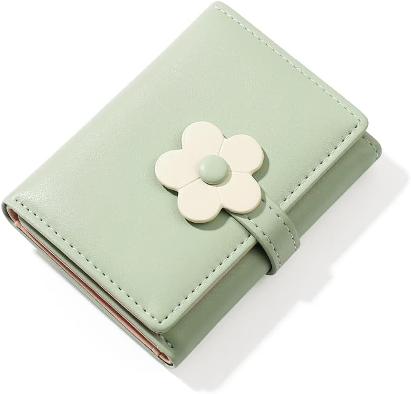 Cute Small Wallet for Girls Women Tri-folded Wallet Cash Pocket flowers PU Leather Print Card Holder Coin Purse with (2-green)