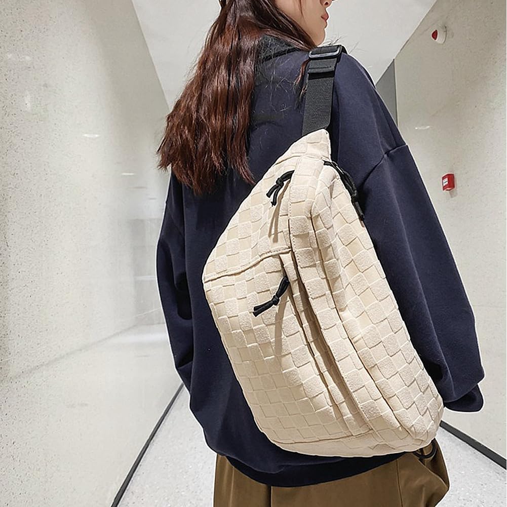 Checkered Fanny Pack for Women Waist Pack Plaid Sling Bag Trendy Fashion Crossbody Purse Belt Chest Handbag (Black)