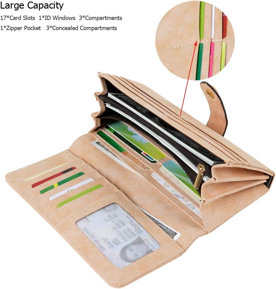 Women's Vegan Leather 17 Card Slots Card Holder Long Big Bifold Wallet