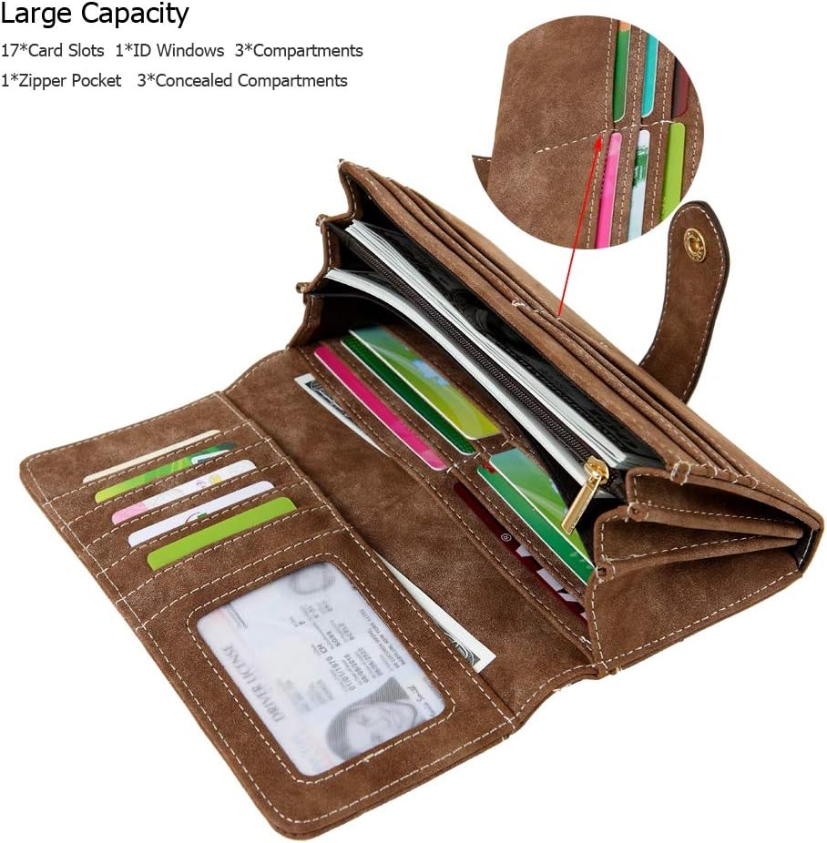 Women's Vegan Leather 17 Card Slots Card Holder Long Big Bifold Wallet