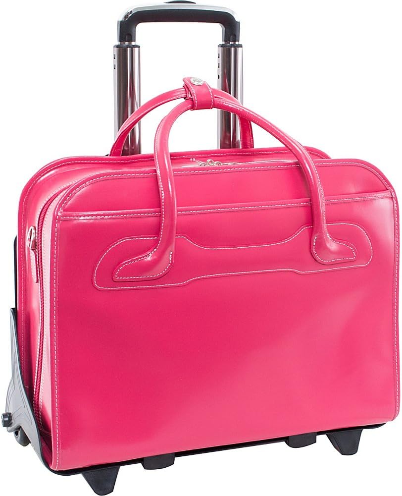 USA W Series, , Top Grain Cowhide Leather, 17" Leather Patented Detachable -Wheeled Ladies' Laptop Briefcase, Fuchsia ,One Size