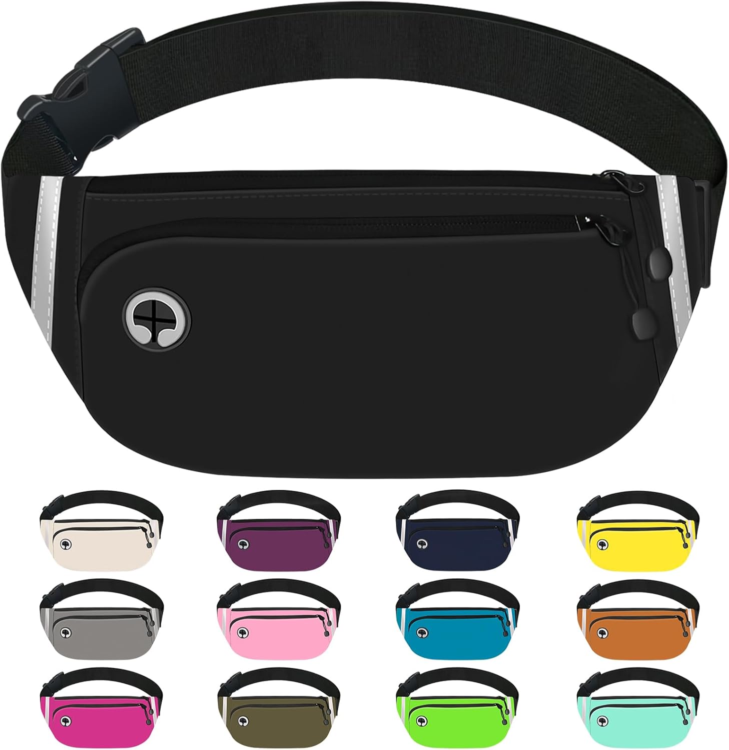 Fanny Packs for Women Men, Waterproof Waist Pack with Reflectie Strip, Lightweight Slim Belt Bag with No-Bounce Adjustable Strap Running Trael Hiking Walking Sport(Black)