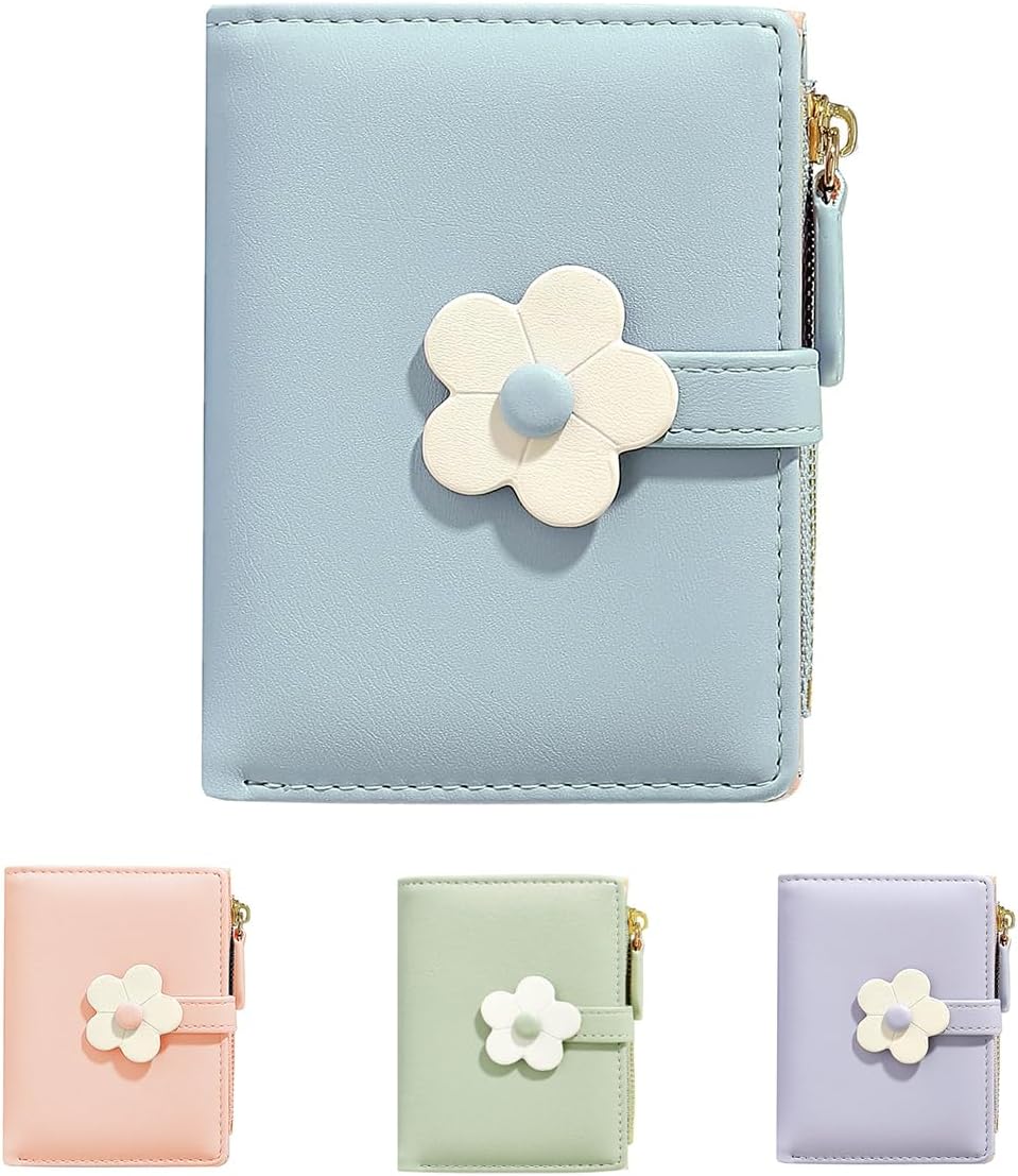 Small Wallet for Girls Women Tri-folded Wallet Cash Pocket flowers Print Card Holder Coin Purse with elegant youthful and cute… (3-blue)