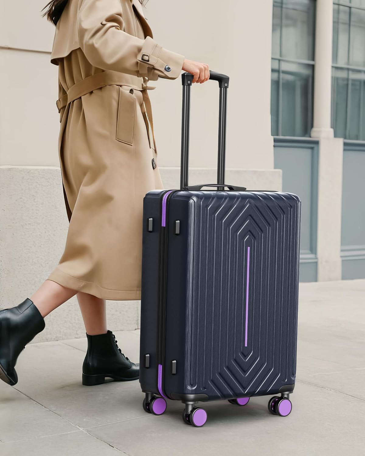 28 inch Luggage Hardside and Lightweight Suitcase with Spinner Wheels  for Travel Business, Purple With Dark Blue