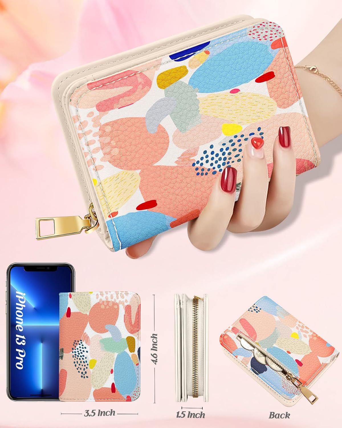 Credit Card Holder Wallet for Women Cute Leather Ladies Teen Girls Female Cardholder Wallets Accordion Purse Small Medium Aesthetic Print Abstract Unique Modern Design Zipper Around