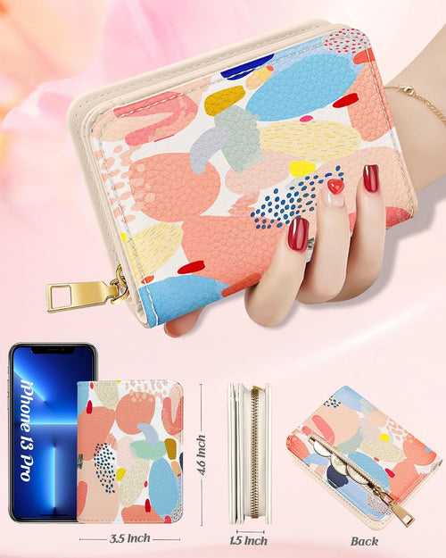 Credit Card Holder Wallet for Women Cute Leather Ladies Teen Girls Female Cardholder Wallets Accordion Purse Small Medium Aesthetic Print Abstract Unique Modern Design Zipper Around
