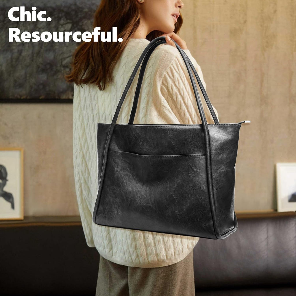 Large Tote Bag for Women Work with Zipper 16L Vegan Leather Ladies Travel Purses and Handbags