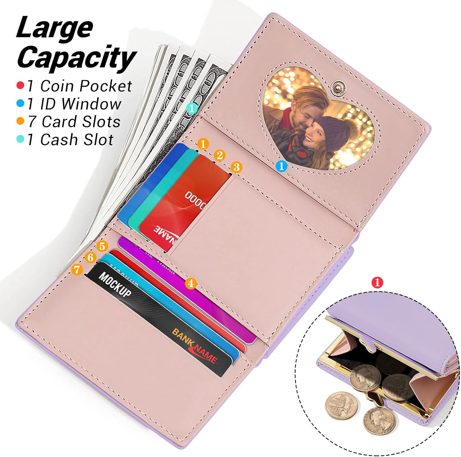 Women's Wallet, Lavender, Faux Leather, Water Resistant, Small Bifold with 7 Card Slots, 1 Cash Slot, 1, 4.2" x 3" x 1.2"