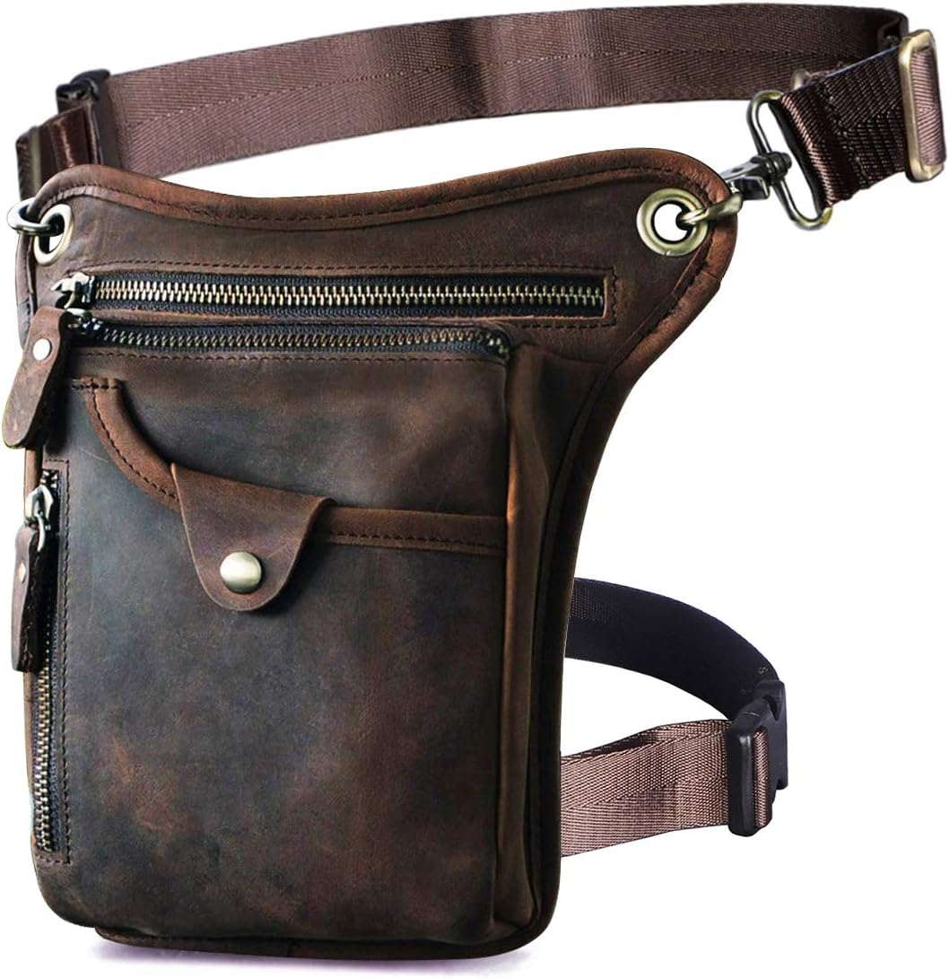 Mens Genuine Leather Outdoor Sporting Hicking Waist Hip Pack Messenger Shoulder Drop Leg Thigh Bag Pouches For Women ( Dark Brown)