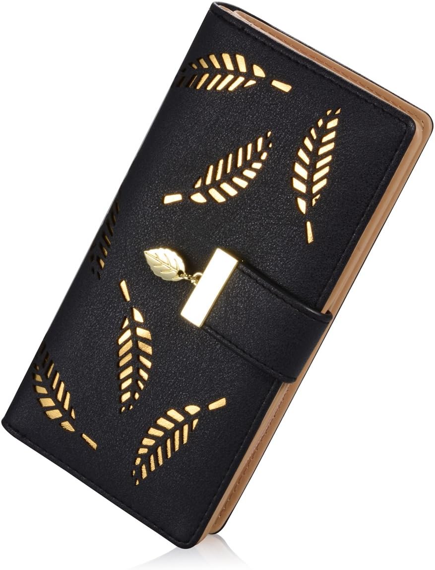 Women's Long Leaf Bifold Wallet Leather Card Holder Purse Zipper Buckle Elegant Clutch Wallet Handbag for Women - Black