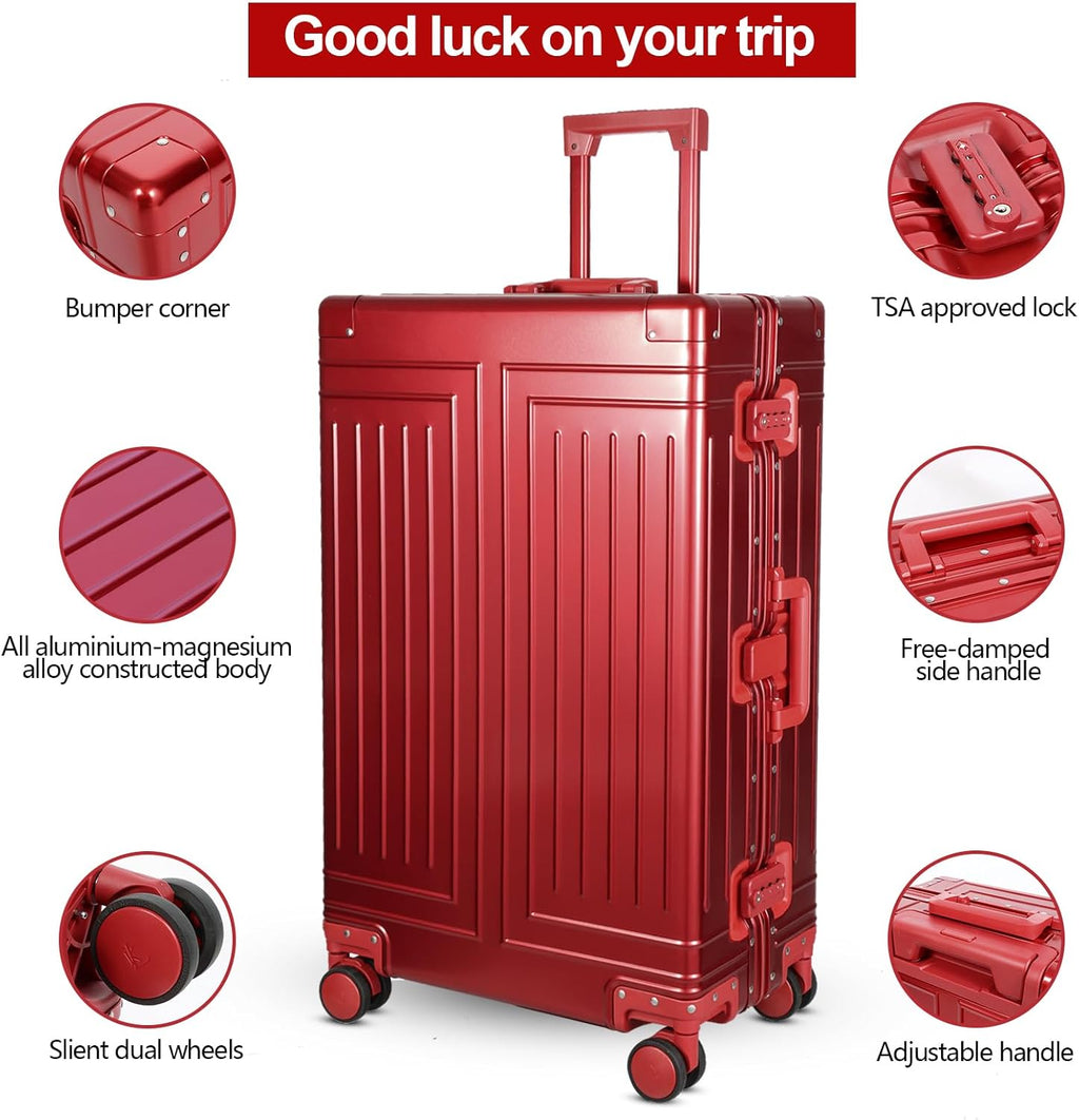 All Aluminum Carry On Luggage，Cut from Whole Aluminum Sheet，22x14x9 Airline Approved ，（3rd Generation，Premium Metal zipperless suitcase ） (red, 28inch)