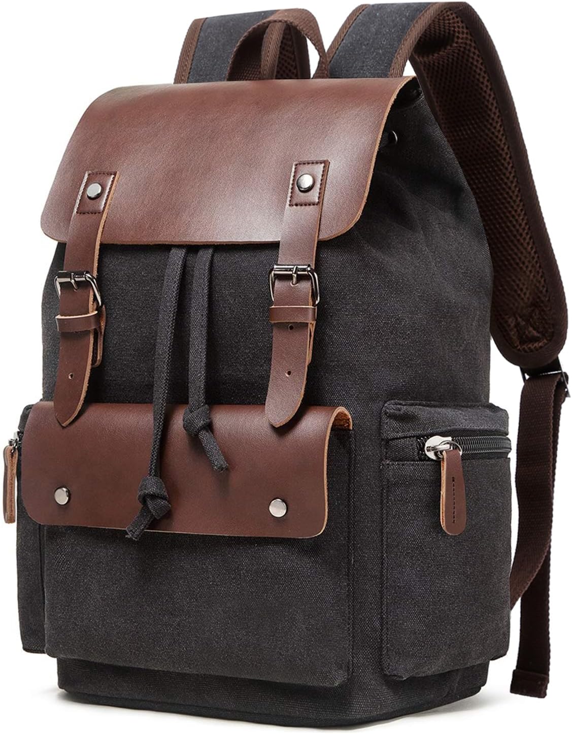 Vintage Leather Canvas Backpack, Travel Laptop Daypack for Men Women, Work Rucksack College Bookbag Fits 15.6 Inch Laptop, Black