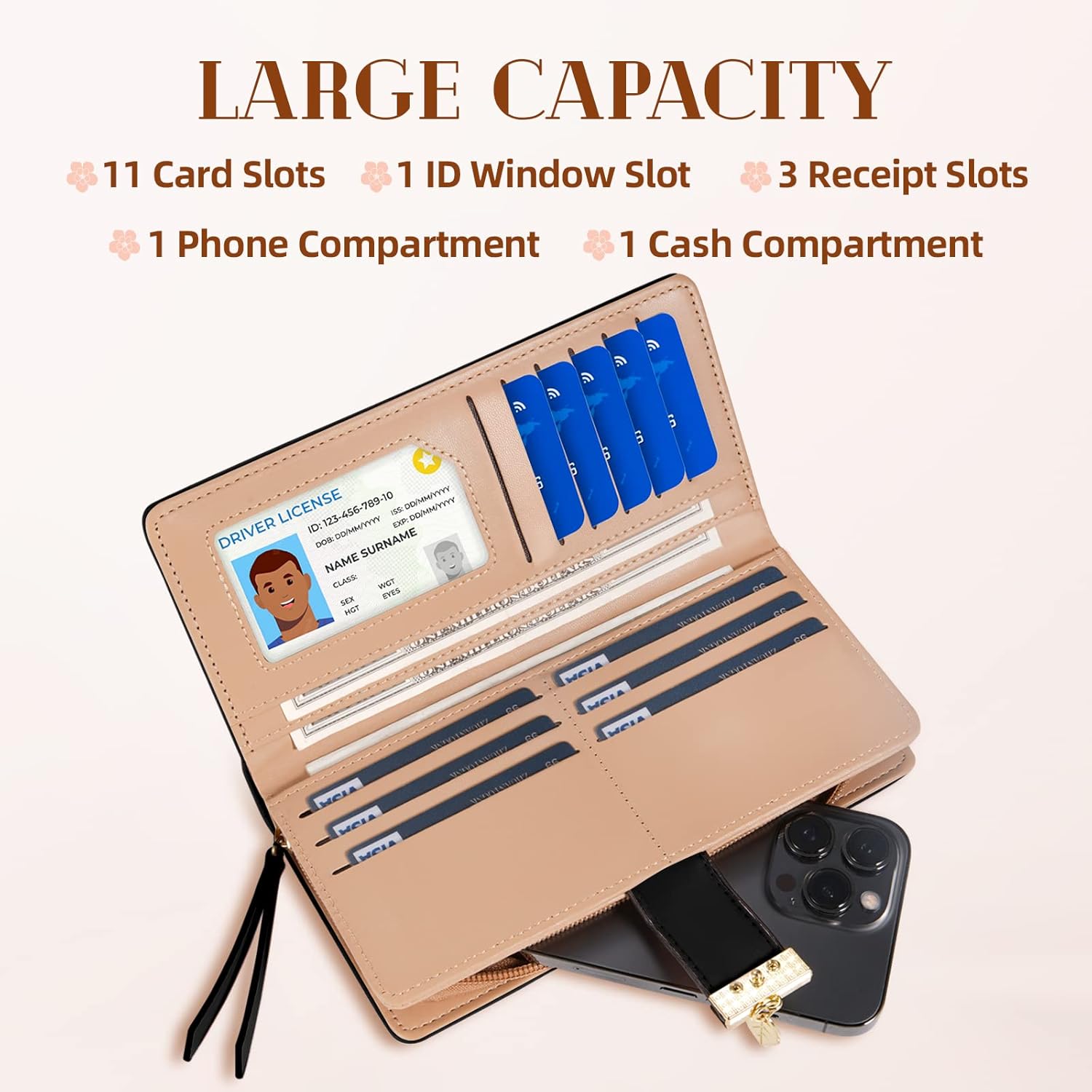 Women's Long Leaf Bifold Wallet Leather Card Holder Purse Zipper Buckle Elegant Clutch Wallet Handbag for Women - Black