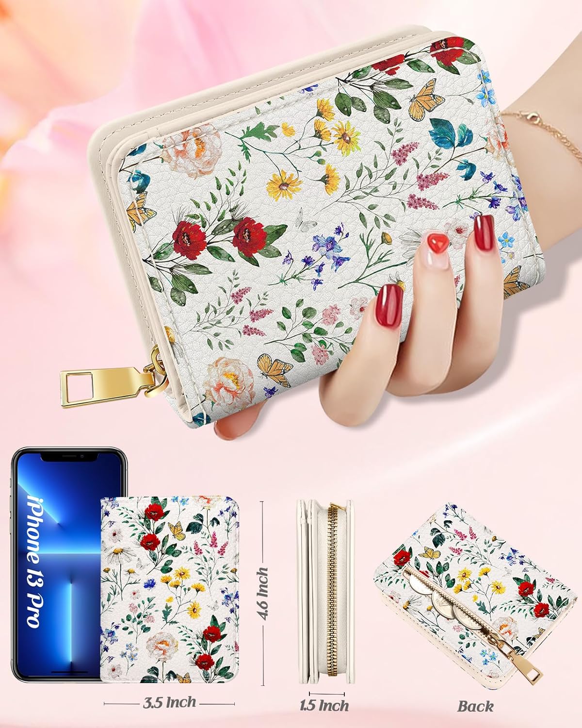 Credit Card Holder Wallet for Women Cute Leather Ladies Teen Girls Female Cardholder Wallets Accordion Purse Small Medium Aesthetic Print Flower Floral Modern Design  Zipper Around