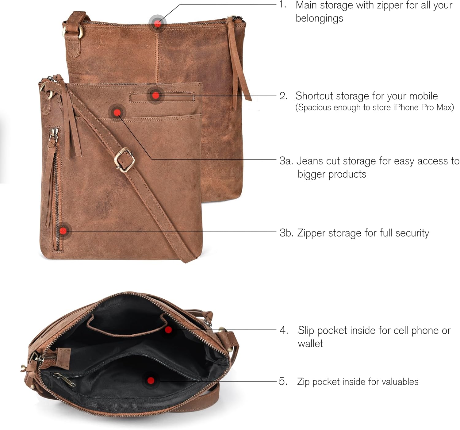 Leather Crossbody Bags for Women - Ladies Sling Handbags - Medium Cross body Purses Handbags - Purses For Women