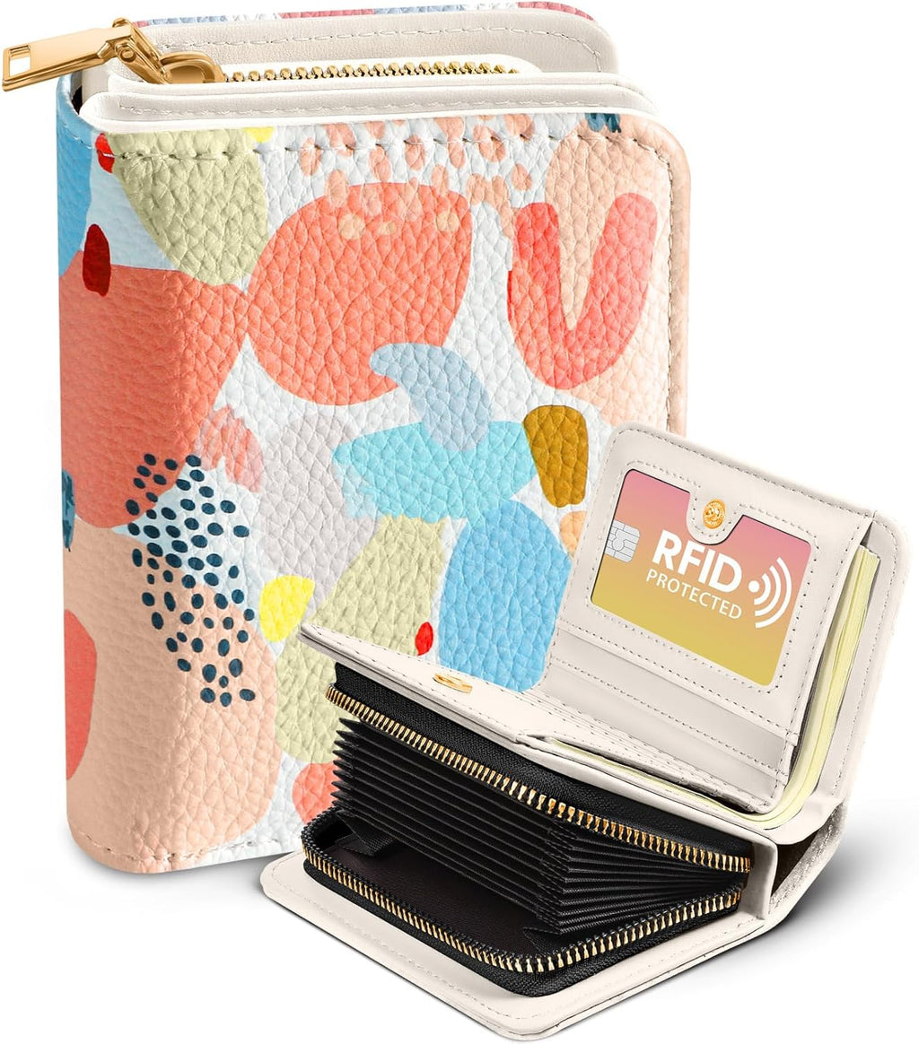 Credit Card Holder Wallet for Women Cute Leather Ladies Teen Girls Female Cardholder Wallets Accordion Purse Small Medium Aesthetic Print Abstract Unique Modern Design Zipper Around