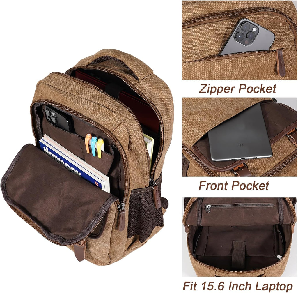 Canvas Laptop Backpack, Vintage Daypack for Men Women, Work Travel Rucksack College Bookbag Computer Bag with 15-inch Laptop Sleeve, Brown