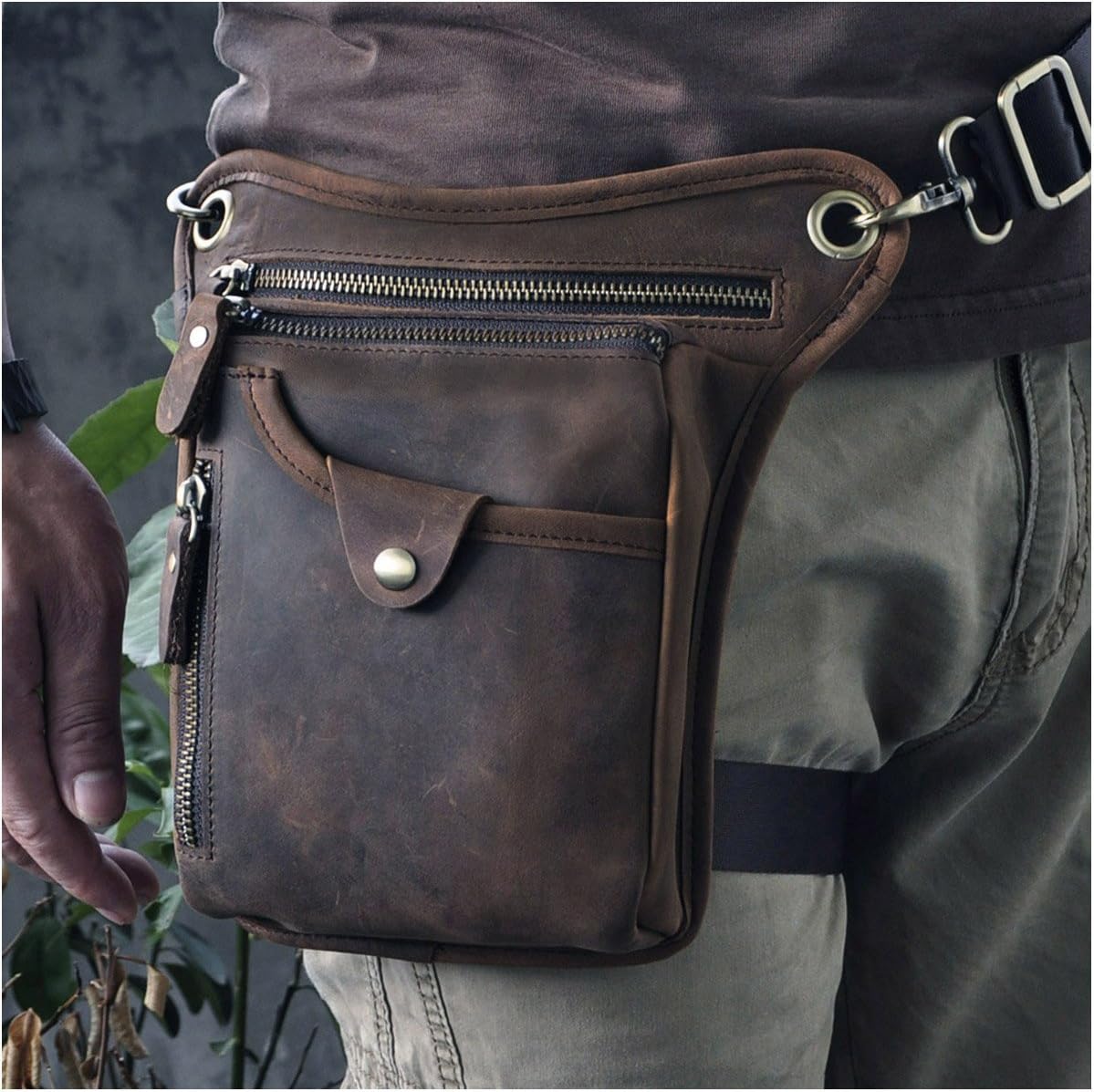 Mens Genuine Leather Outdoor Sporting Hicking Waist Hip Pack Messenger Shoulder Drop Leg Thigh Bag Pouches For Women ( Dark Brown)